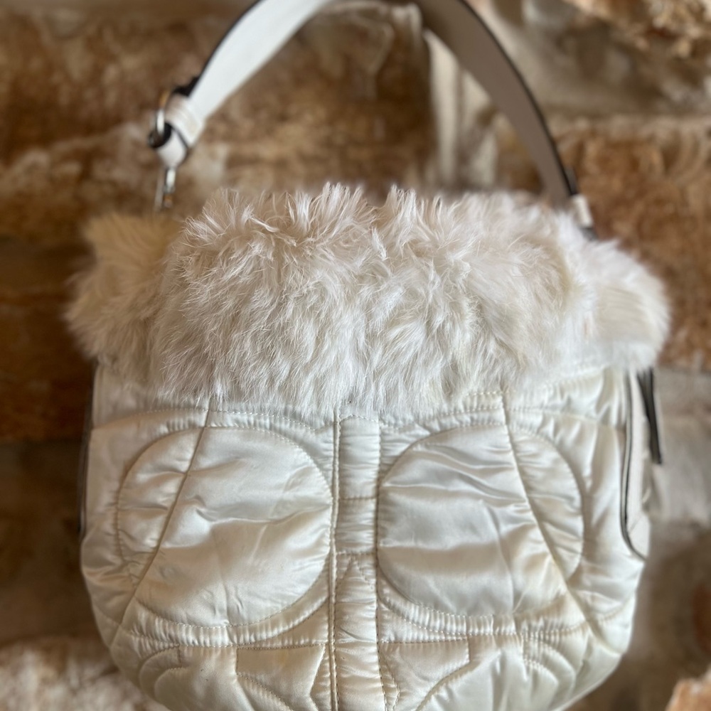 Coach White Fur-Trimmed Shoulder Bag